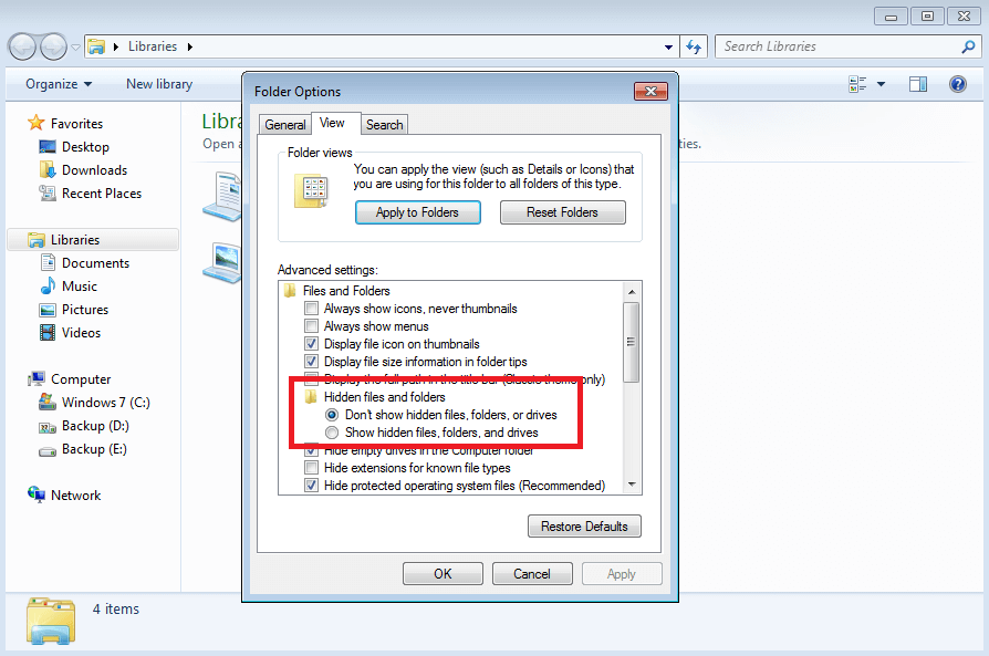 Showing hidden files in the Windows 7 Folder Options 