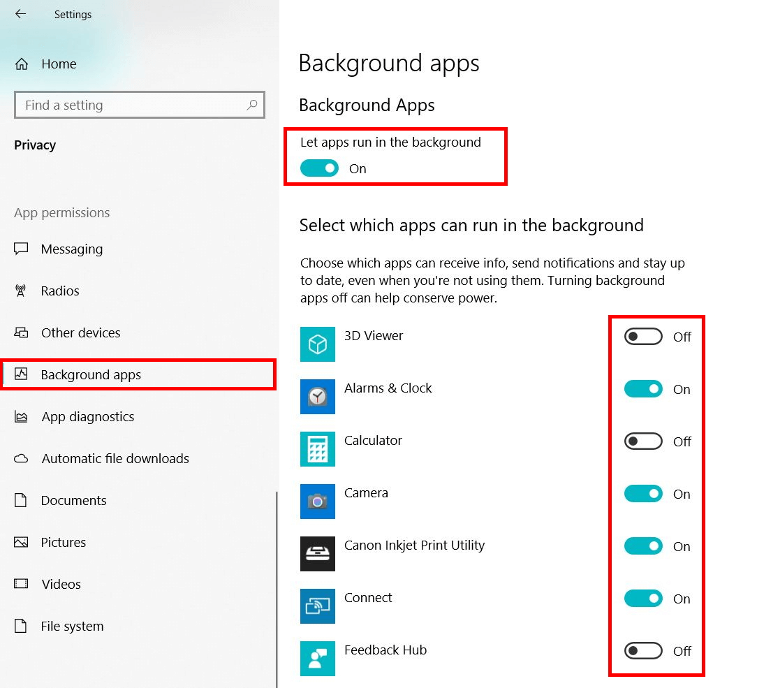 Speed up Windows 10: Background apps