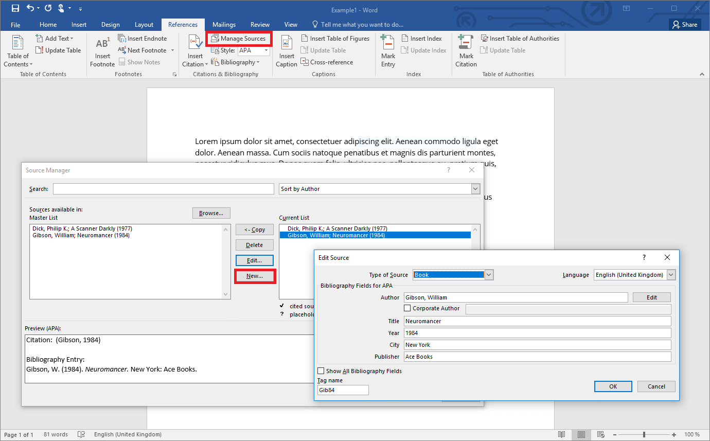 Source Manager in Word 