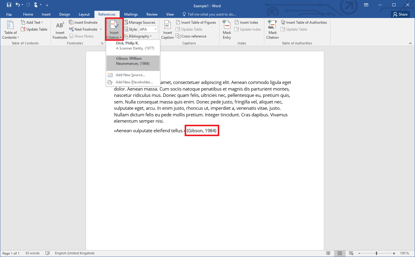Menu for inserting a citation in Word 