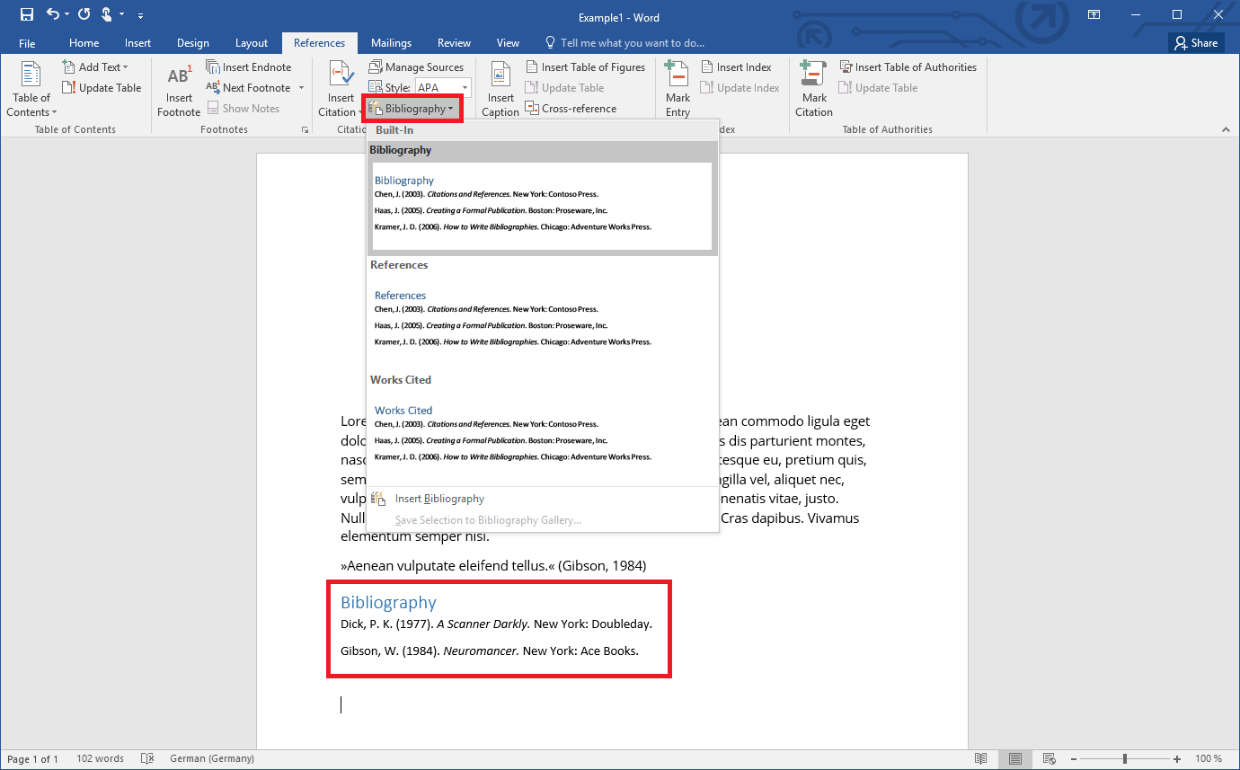 Menu for creating a bibliography in Word 