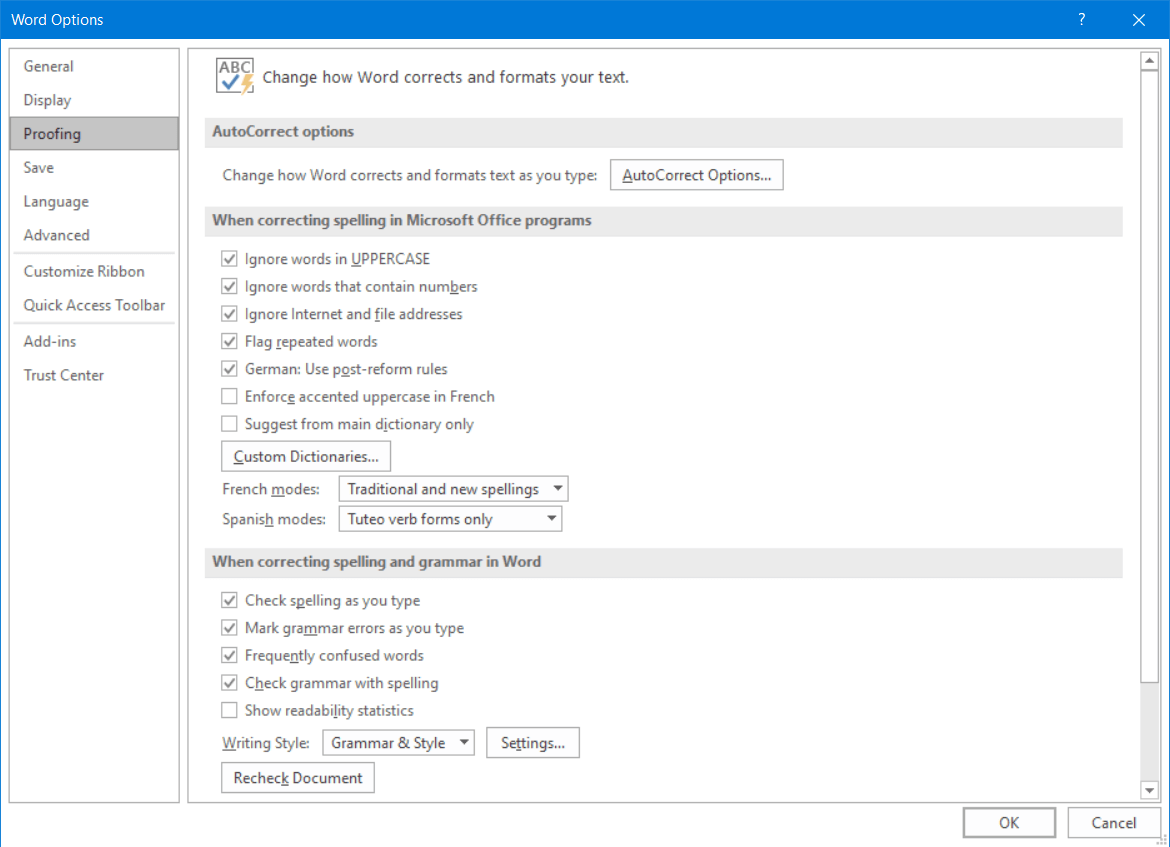 Turning on automatic spell checking