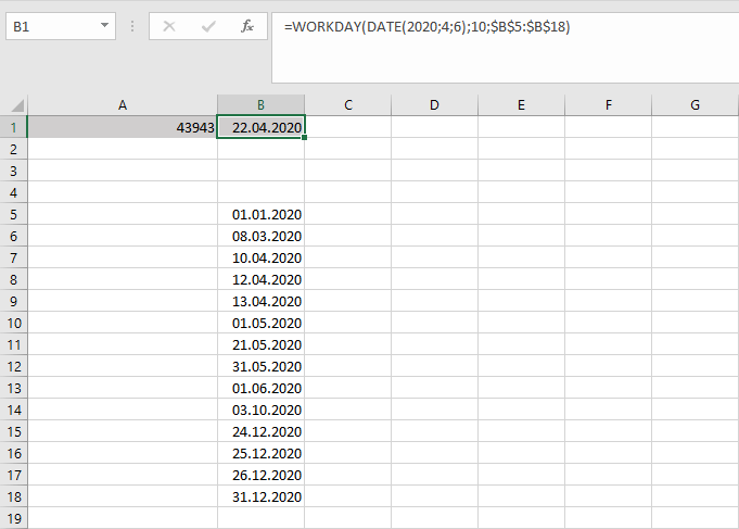 WORKDAY function in Excel with a list of public holidays
