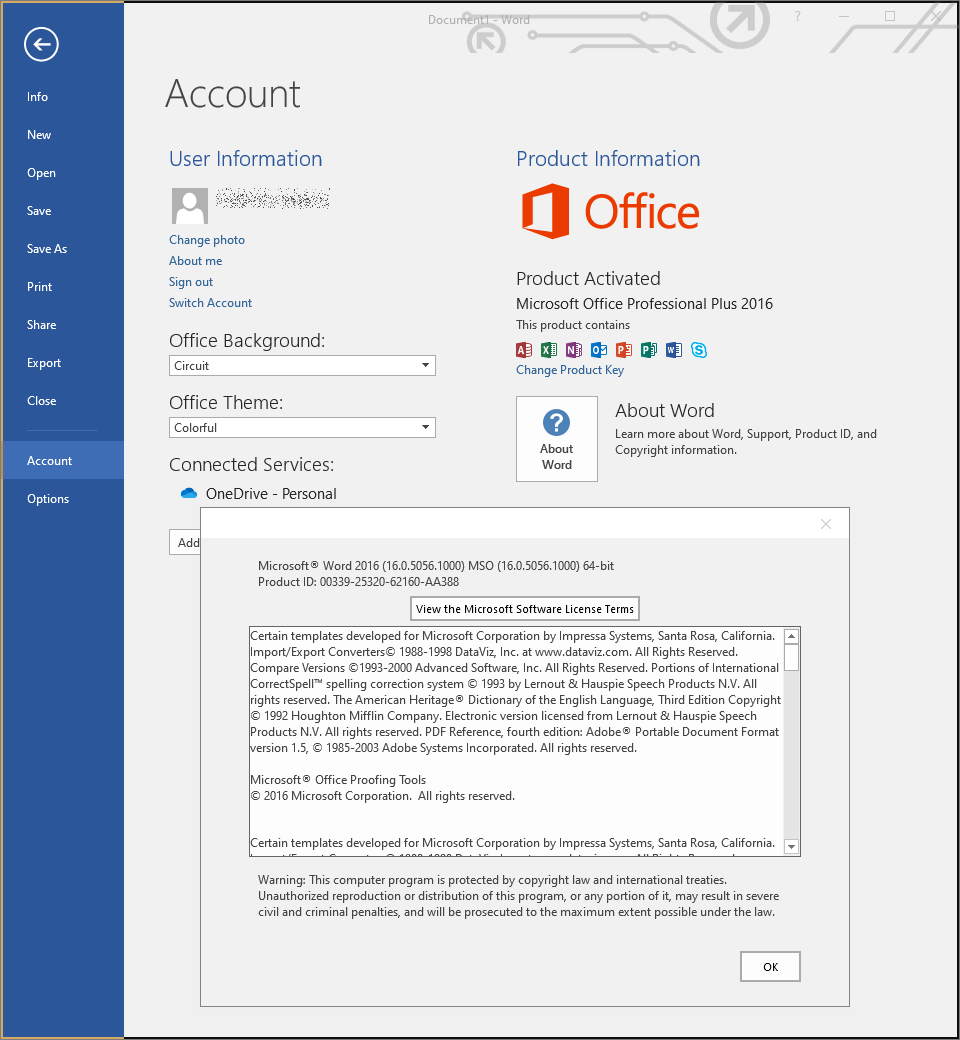 Microsoft Word 2016: “Account” page 