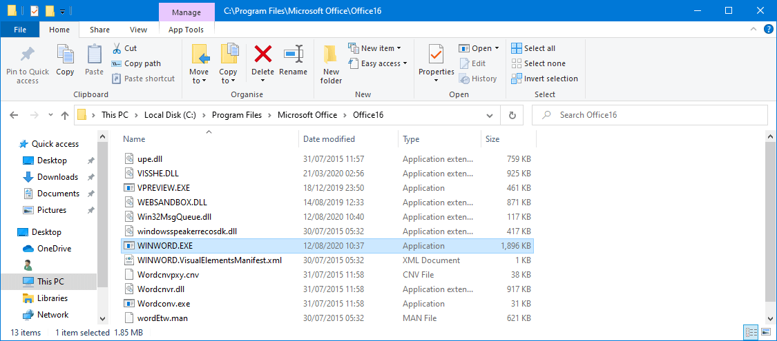 Microsoft Office directory in Explorer 
