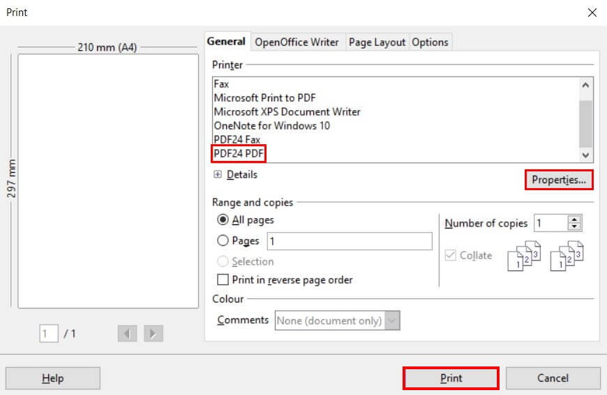 OpenOffice Writer: PDF printer