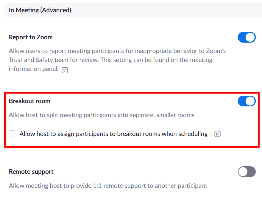 Option to enable a Zoom breakout room in the account settings on the Zoom website