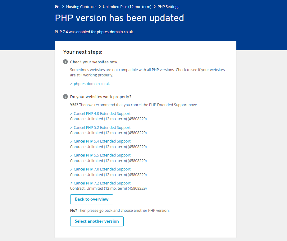 IONOS Control Panel: Cancel PHP Extended Support