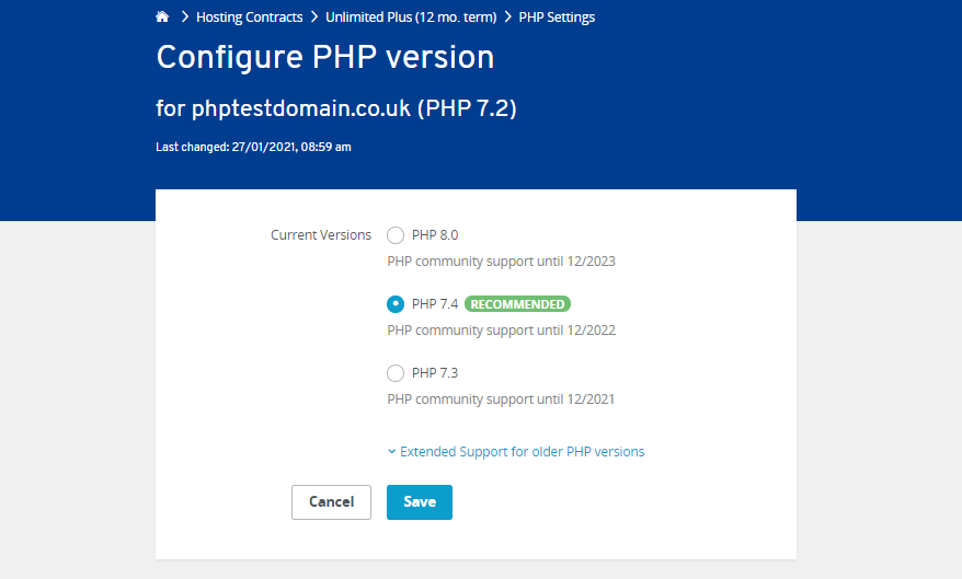 Select PHP version from IONOS Control Panel