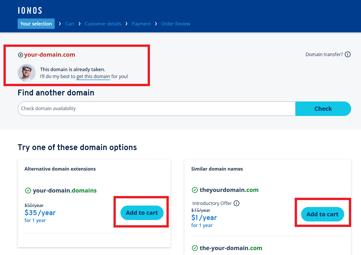 IONOS domain finder: alternative suggestions for already registered domains 