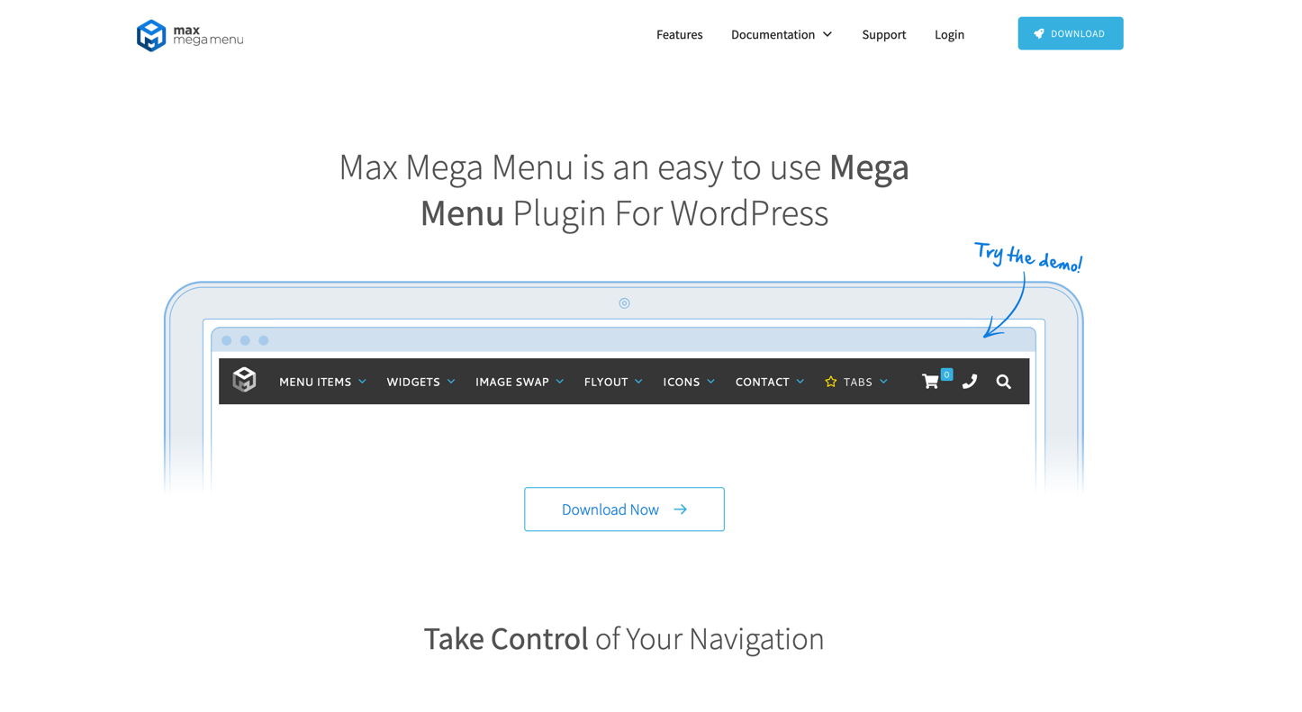 Homepage of the Max Mega Menu plugin website