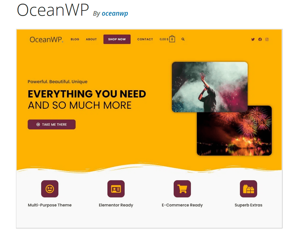 Preview of WordPress theme “OceanWP” on WordPress.org