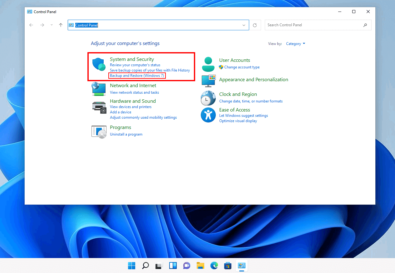 “Backup and Restore” in Windows 11 Control Panel