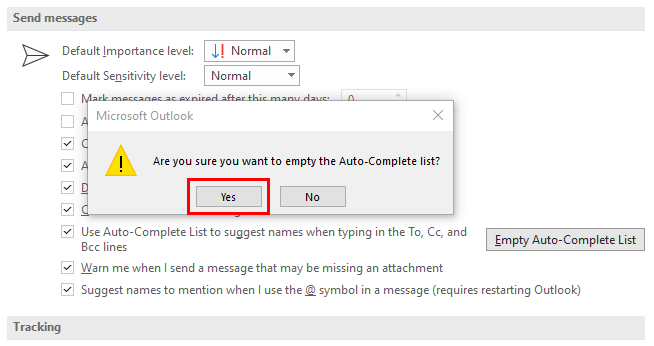 Confirmation window for emptying the Auto-Complete List 