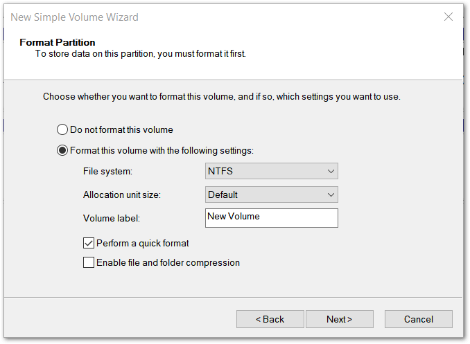 Windows 10: Formatting partitions in the wizard