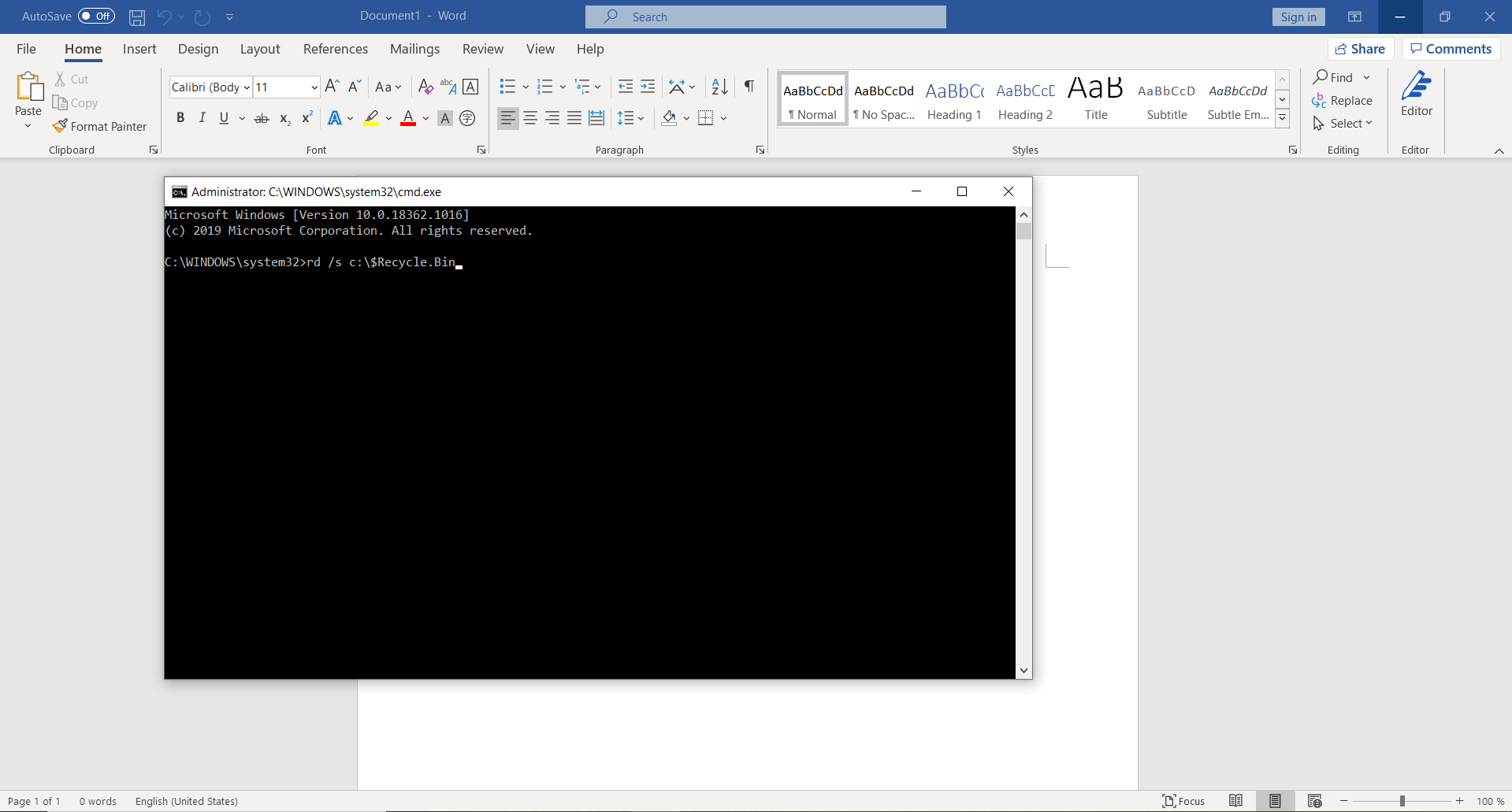 Emptying the Recycle Bin using the command prompt window