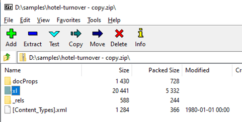 Image of Excel file opened with 7-Zip program