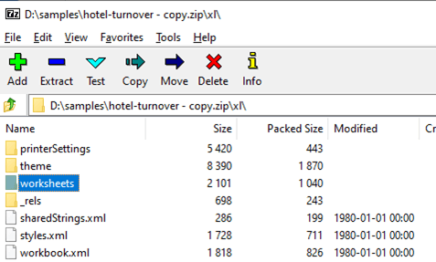 Image of Excel file, “xl” directory, unzipped with 7-Zip