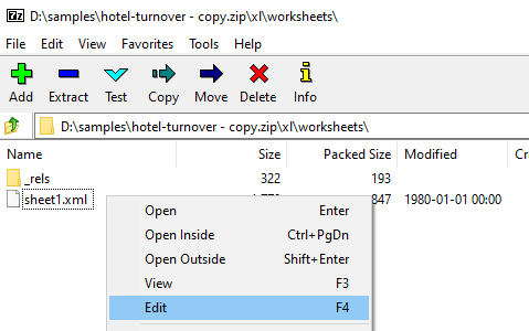 Screenshot of the Excel file, directory “xl\worksheets”, opened in the program 7-Zip, with context menu