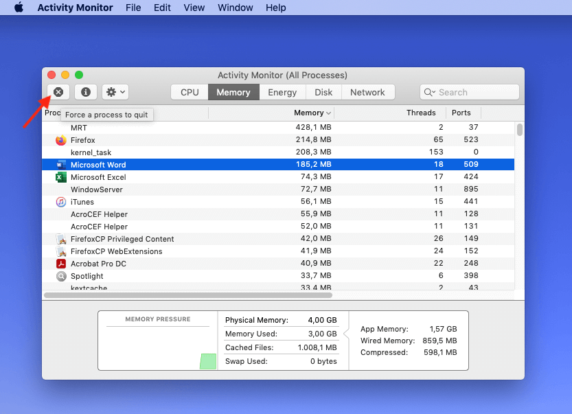 Force quitting on a Mac: Force quit via Activity Monitor 