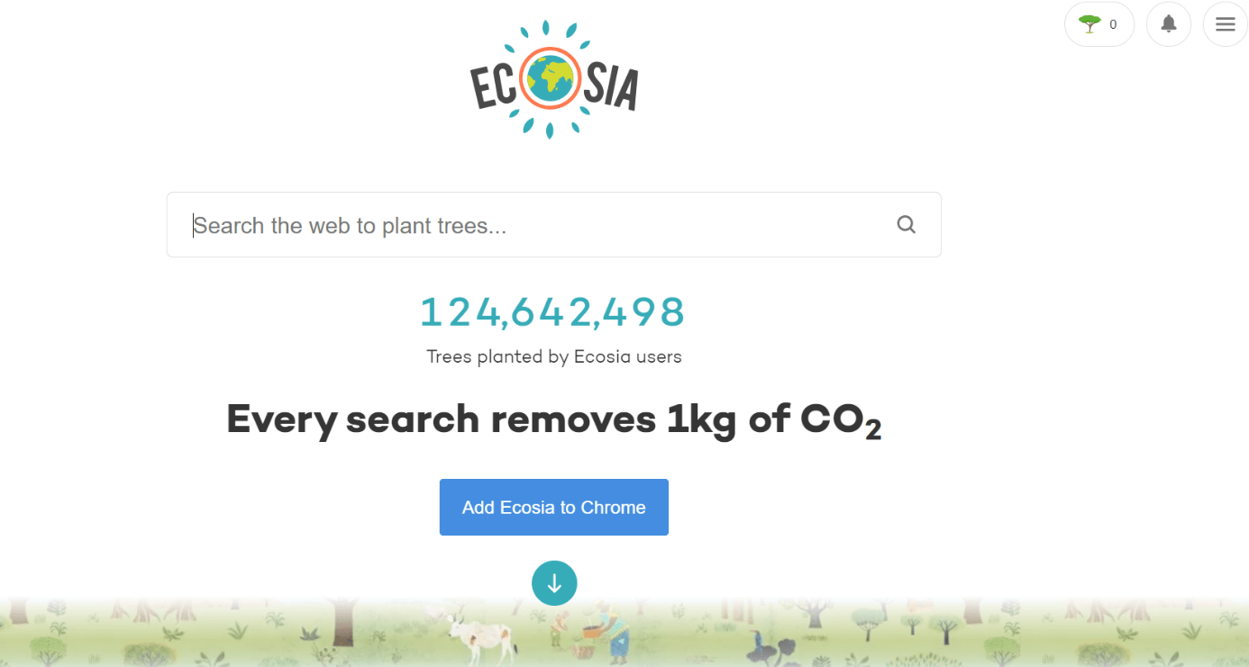 The homepage of the search engine Ecosia