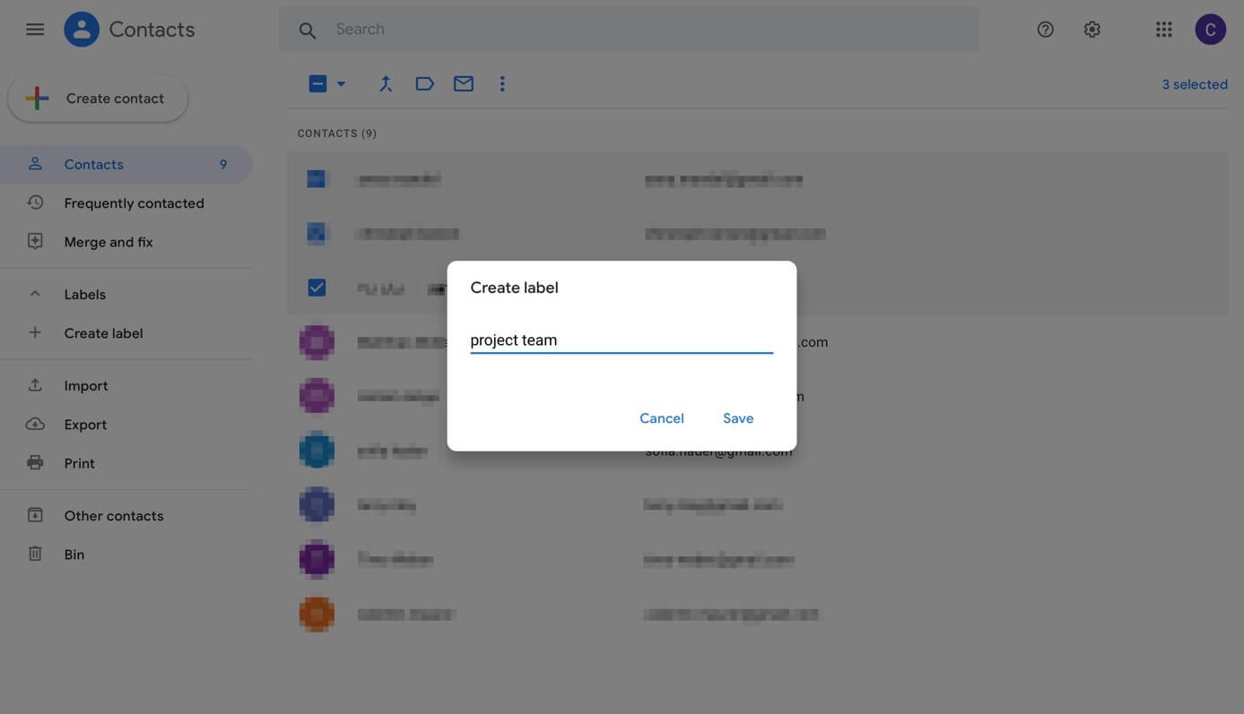 Google Contacts: “Create label” dialog box