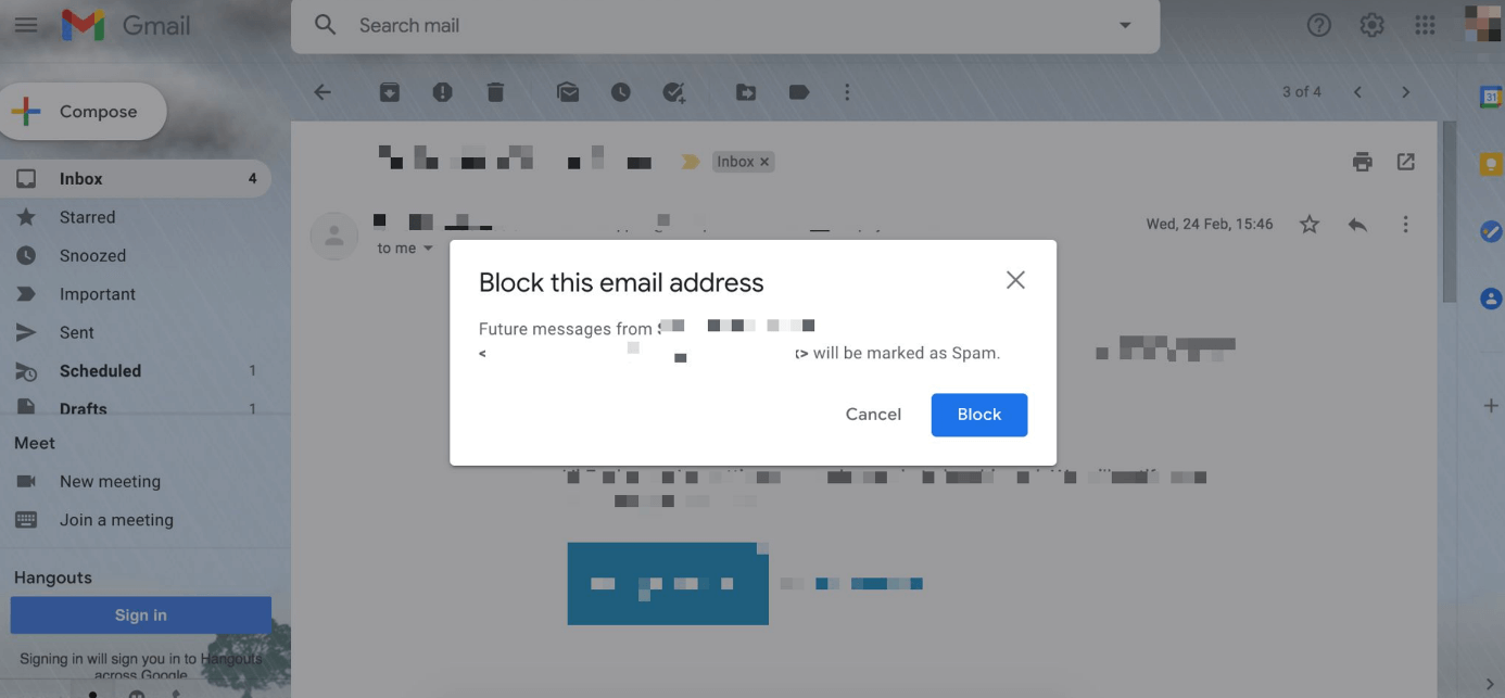 Gmail: “Block this email address” dialog