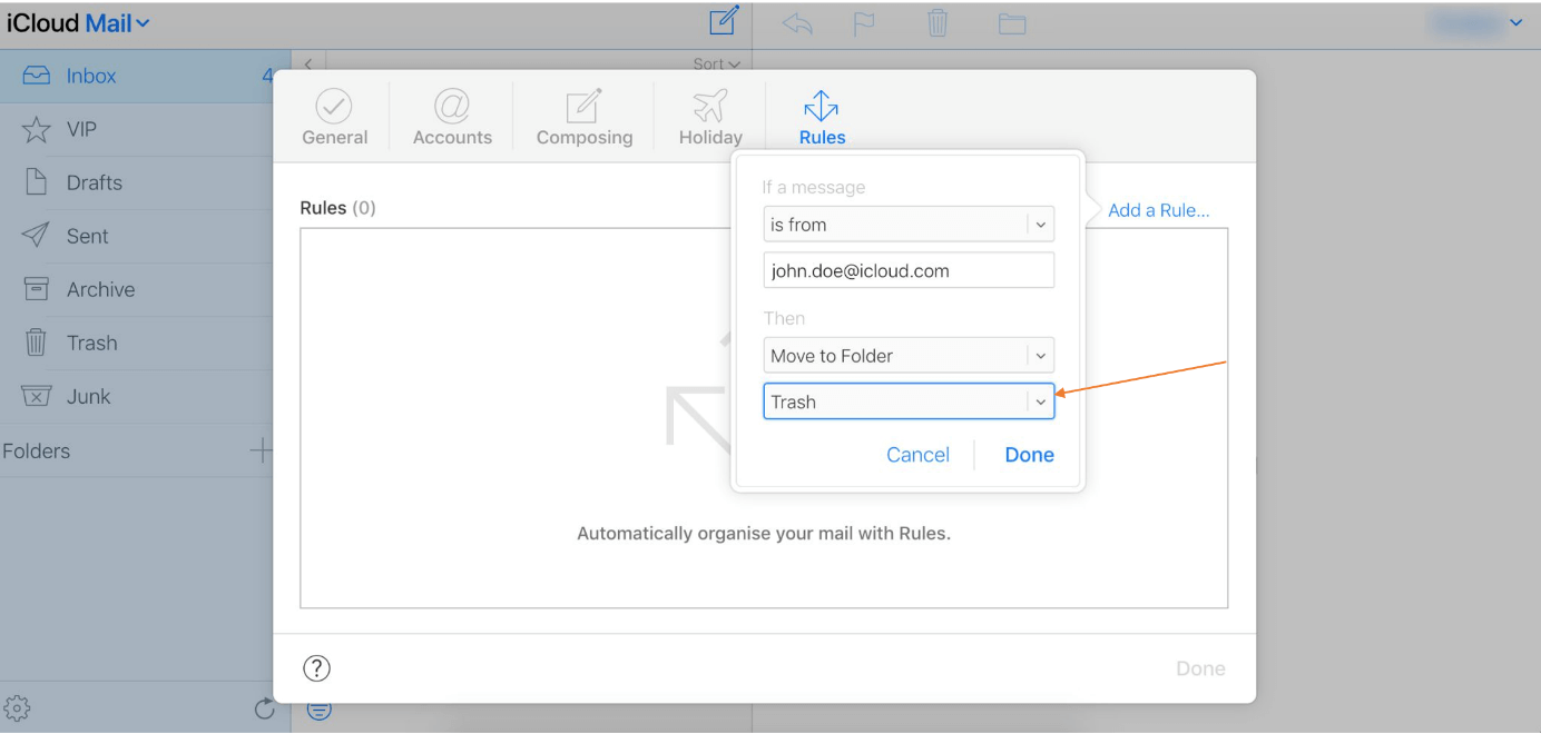 Creating rules in iCloud to block emails