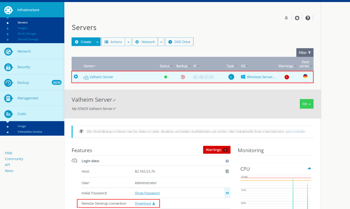 نظرة عامة على بيانات تسجيل الدخول والخادم في لوحة IonOS Cloud