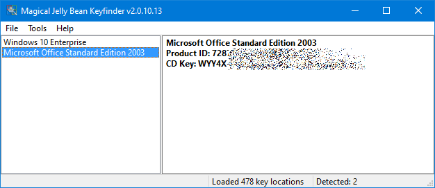 Magical Jelly Bean Keyfinder: Example of a recovered Office key