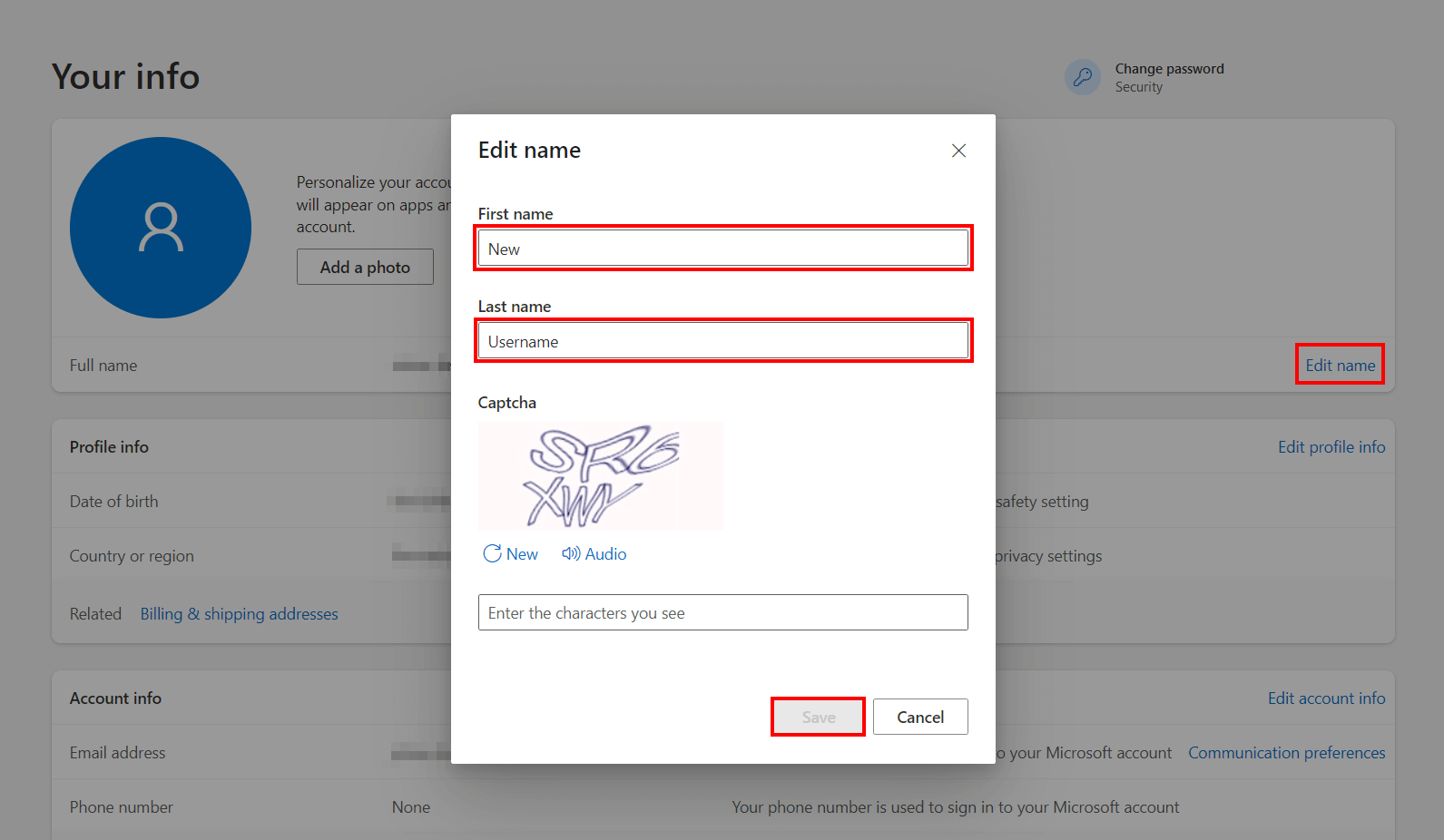 Microsoft account: edit name