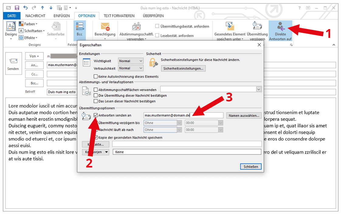 How to change the sender name in Outlook: alternative reply address 