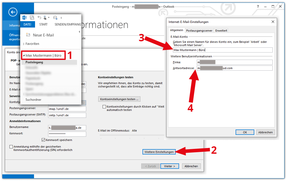 How to change the sender name in Outlook: change account name 