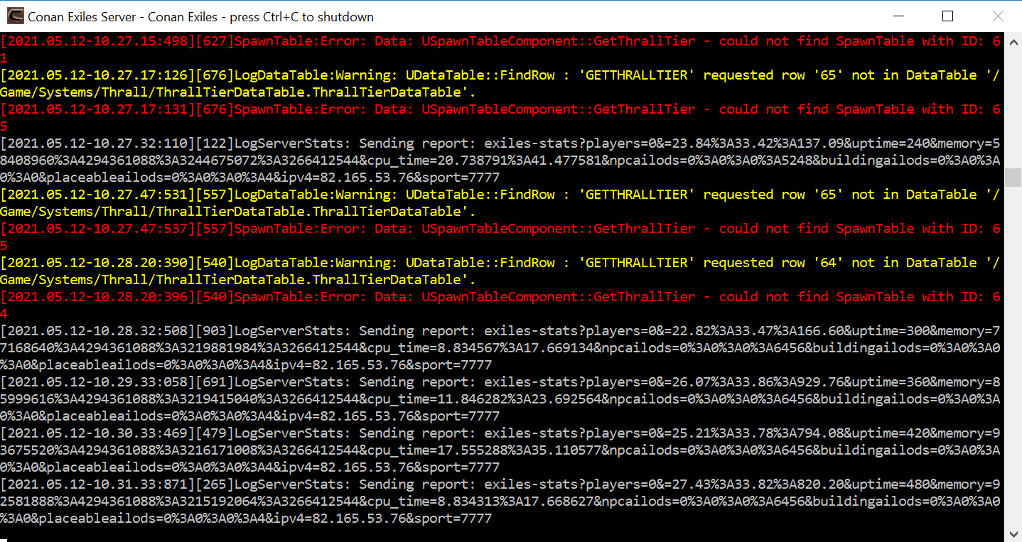 Output of the command line when running Conan Exiles server