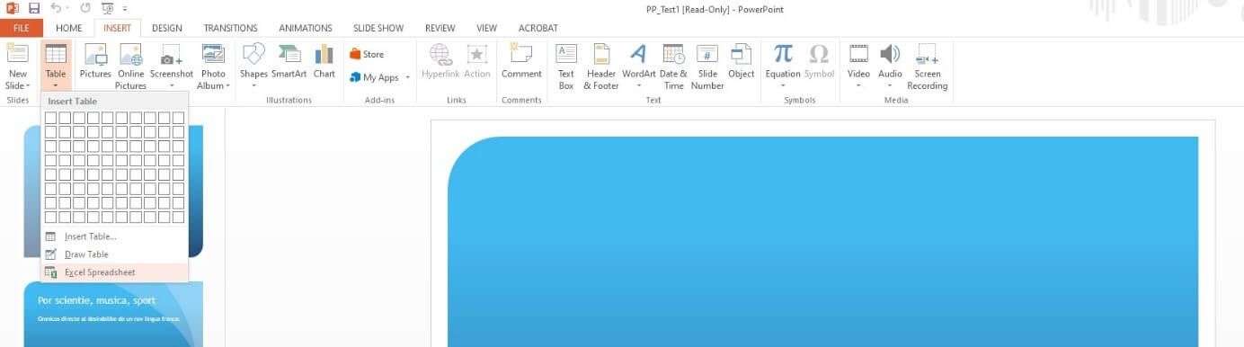 PowerPoint: Insert Excel Spreadsheet