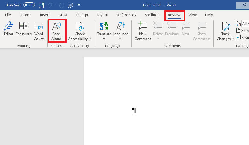 Word menu “Review” with the function “Read Aloud”