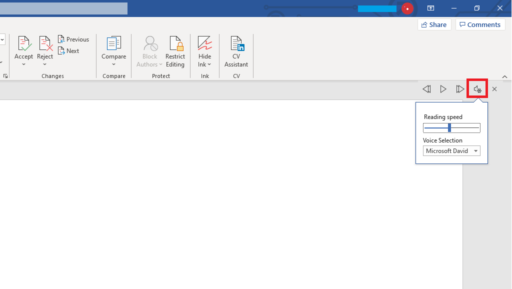 Word control menu for “Read Aloud” feature with advanced settings