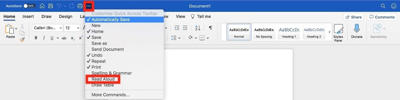 Word’s Quick Access Toolbar with “Read Aloud” added