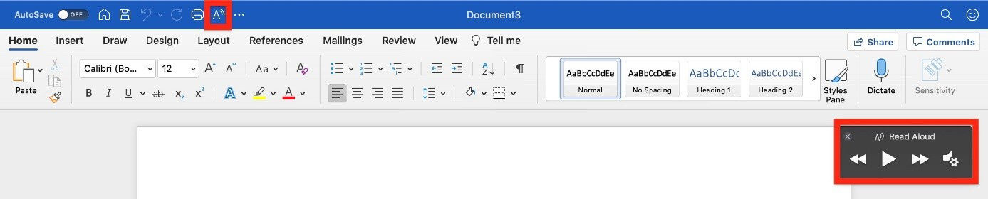 “Read Aloud” function activated in Word with control menu