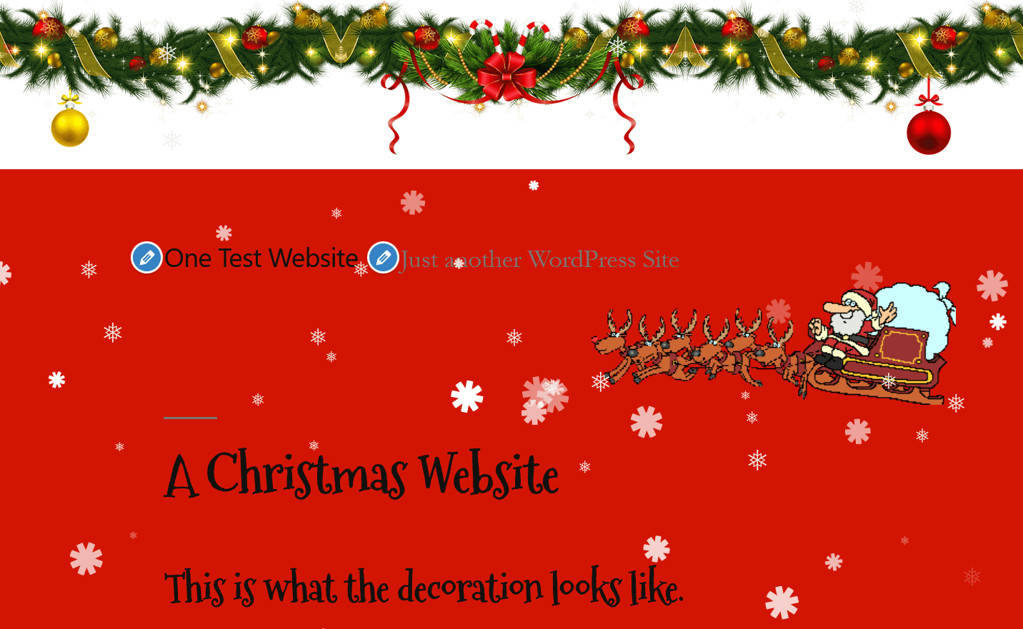 Screenshot of a WordPress test page with decorations from the “Christmasify!” and “Christmas Panda” plugins