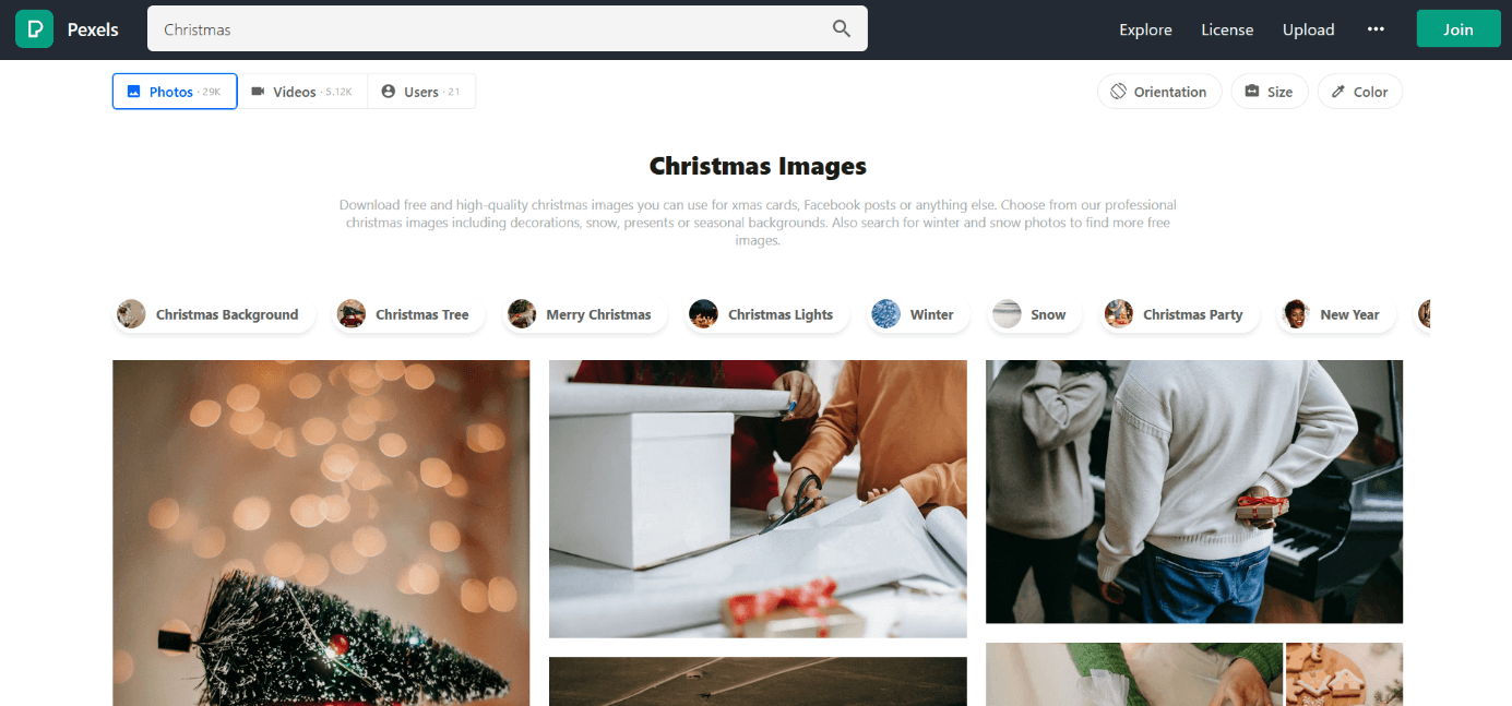 Screenshot of stock photo website Pexels after searching for “Christmas”