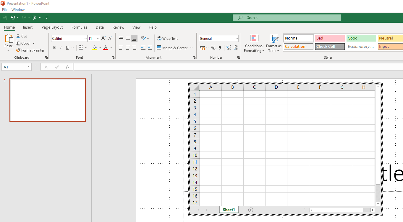 Spreadsheet in PowerPoint with Excel functions