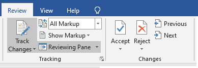 The Changes pane in Word displayed accept and reject options when reviewing changes