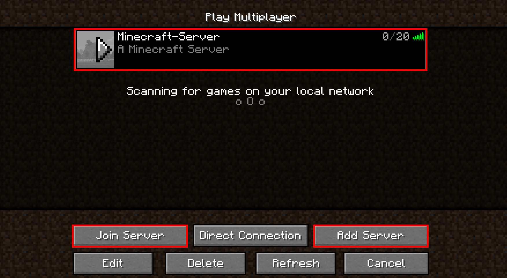 The own Minecraft server in Minecraft multiplayer