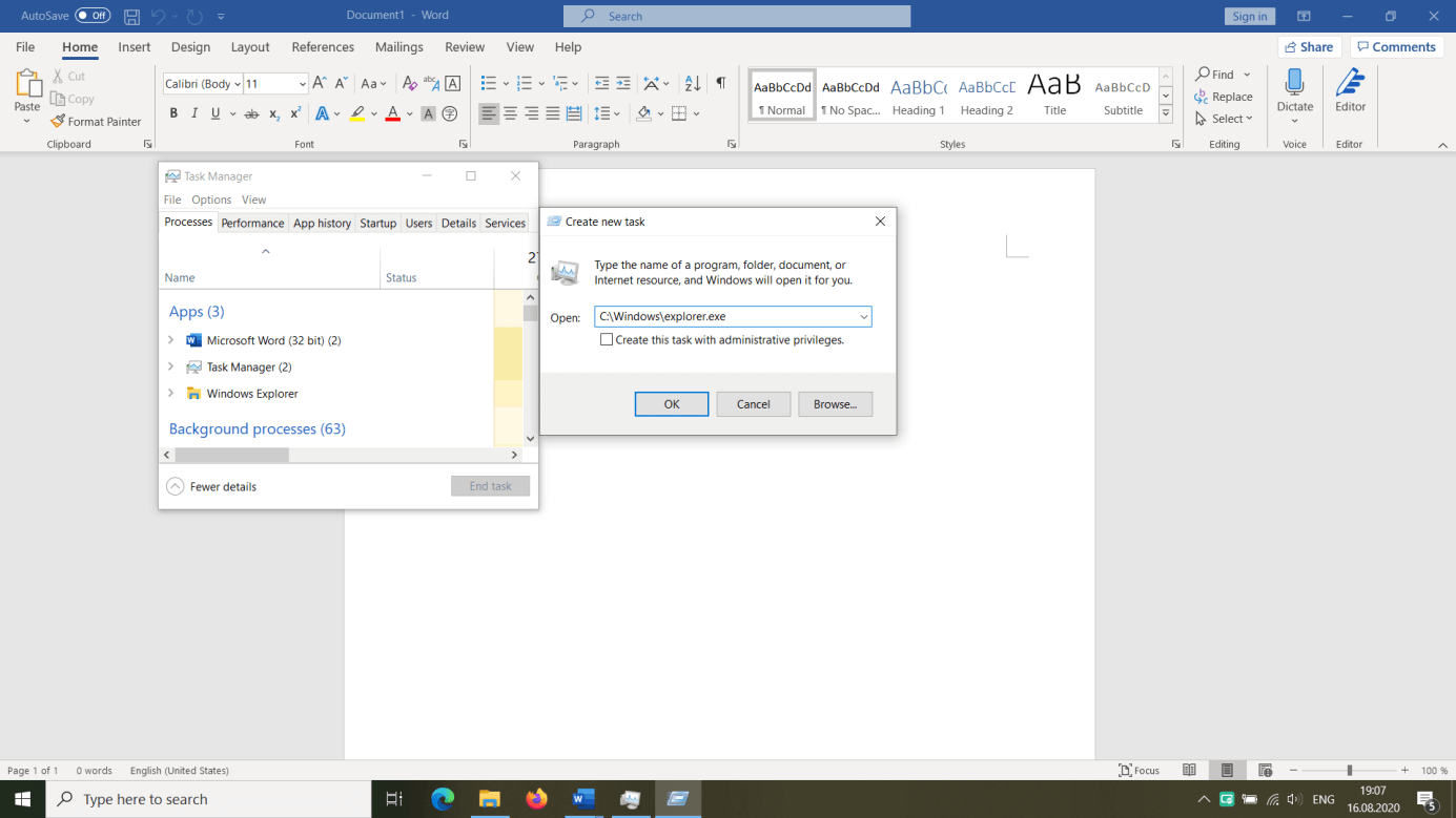 The window in which you can create a new task using C:\Windows\explorer.exe