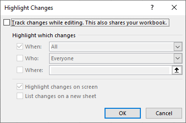 Excel dialog box “Highlight Changes”