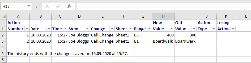 Excel: The history of changes is shown in a separate worksheet