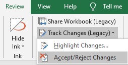 Excel menu selection “Accept/Reject Changes”
