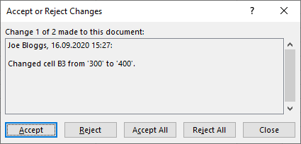 Dialog box to “Accept or Reject Changes” in Excel