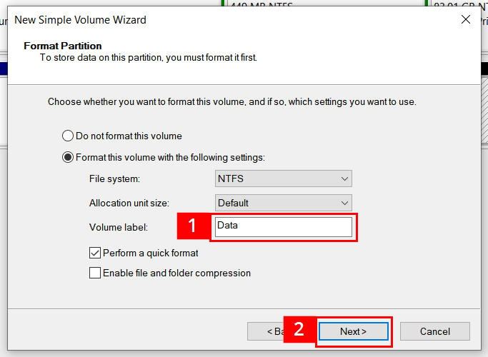 Volume wizard - Format Partition box